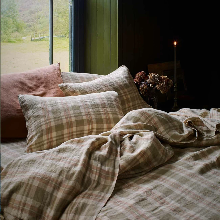 Piglet in Bed Taupe Check Linen Pillowcase Set - 100% Natural Soft Bedding (Pair)