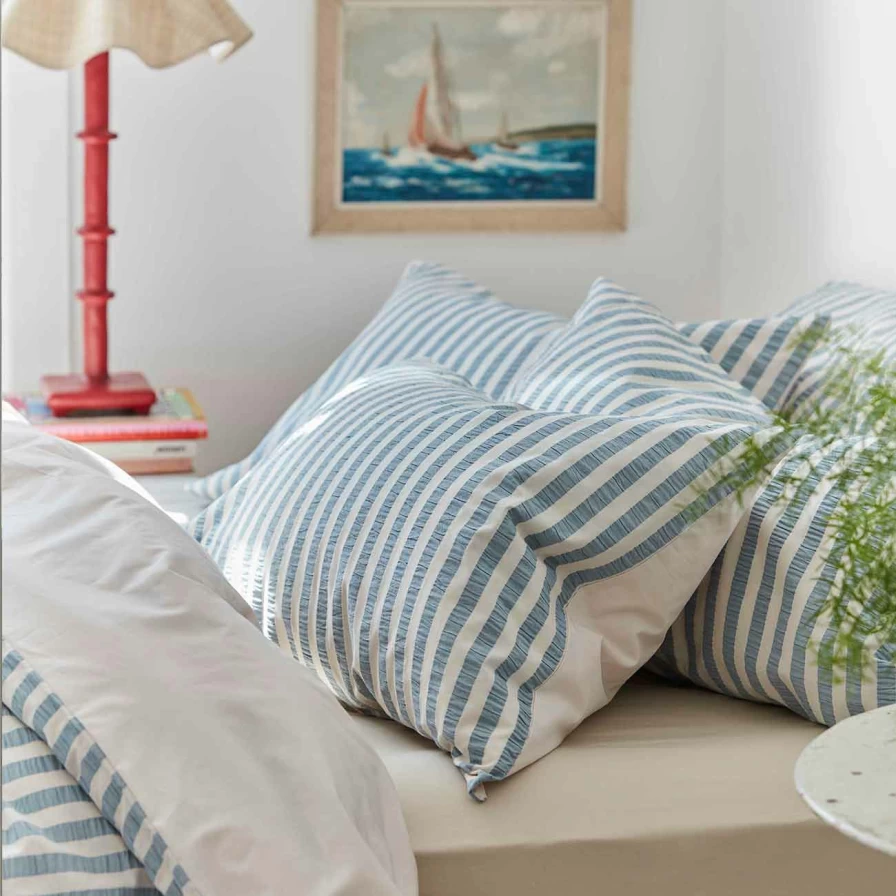 Piglet in Bed Blue Striped Seersucker Cotton Pillowcase Pair - Soft & Breathable Bedding
