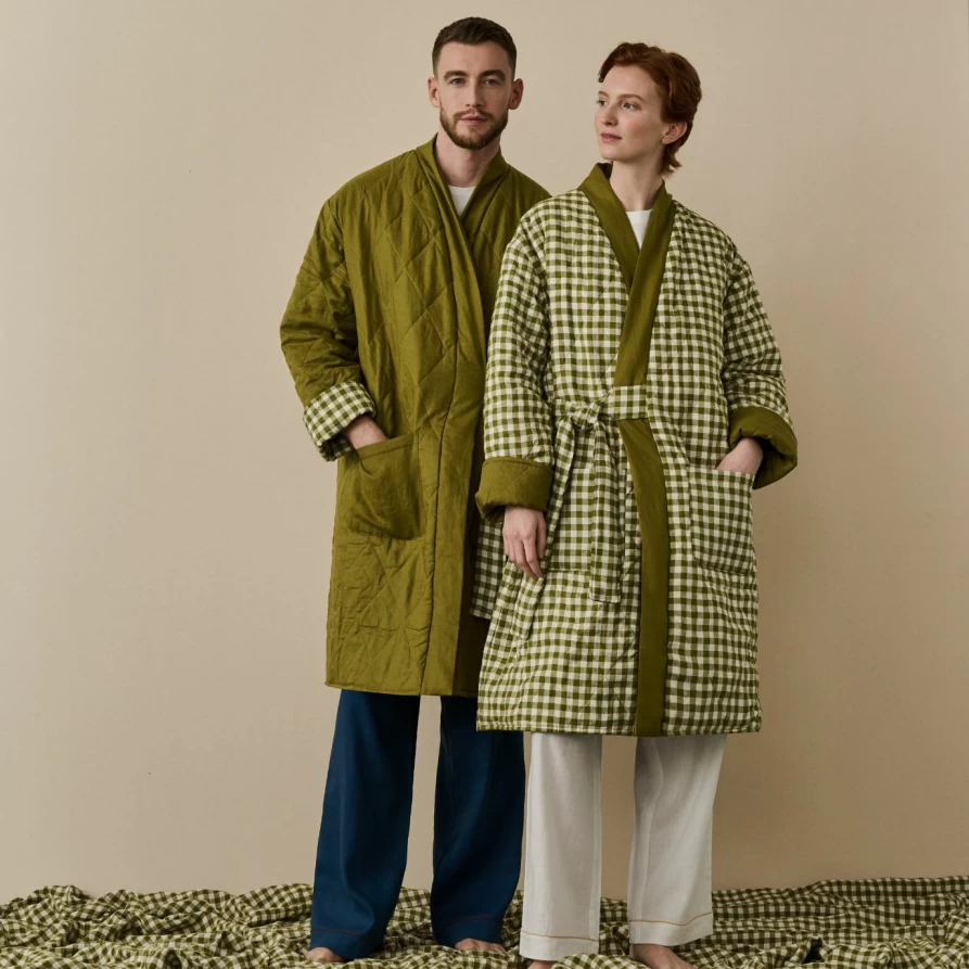 Piglet in Bed Botanical Green Gingham Linen Housecoat - Lightweight Summer Robe