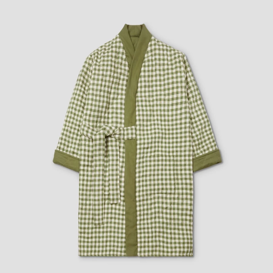 Piglet in Bed Botanical Green Gingham Linen Housecoat - Lightweight Summer Robe