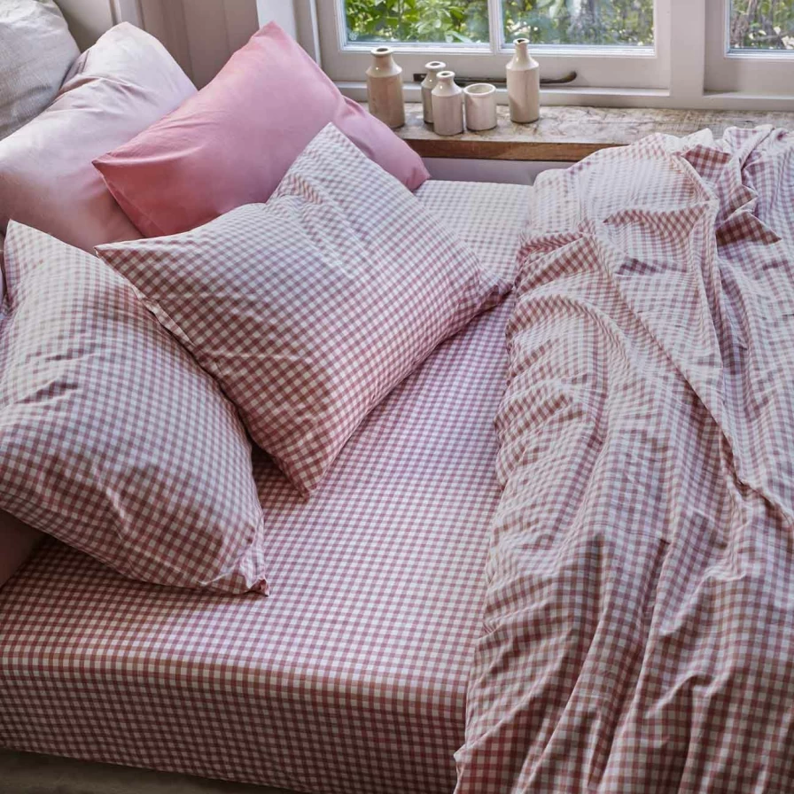 Piglet in Bed Red Dune Small Gingham Cotton Pillowcase Pair - 100% Organic Cotton Standard Pillow Cases