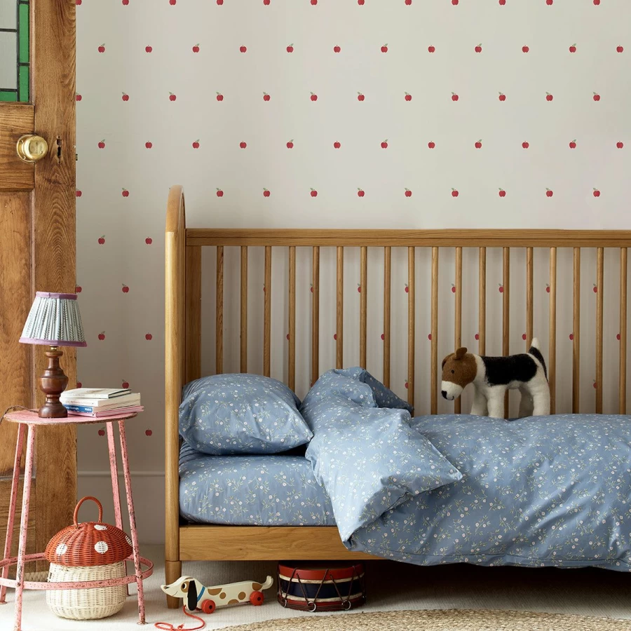 "Piglet in Bed Cream Apples Wallpaper – Vintage Floral Peel and Stick Wallpaper"