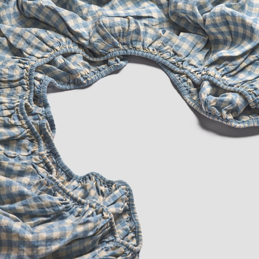 "Piglet in Bed Blue Gingham Linen Fitted Sheet - Premium Soft & Warm Bedding"