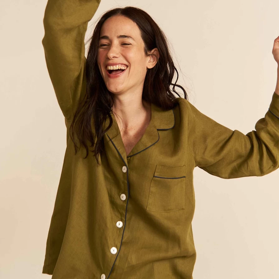 Piglet in Bed Women's Moss Green Linen Pyjama Shirt - Relaxed Fit Sleepwear
