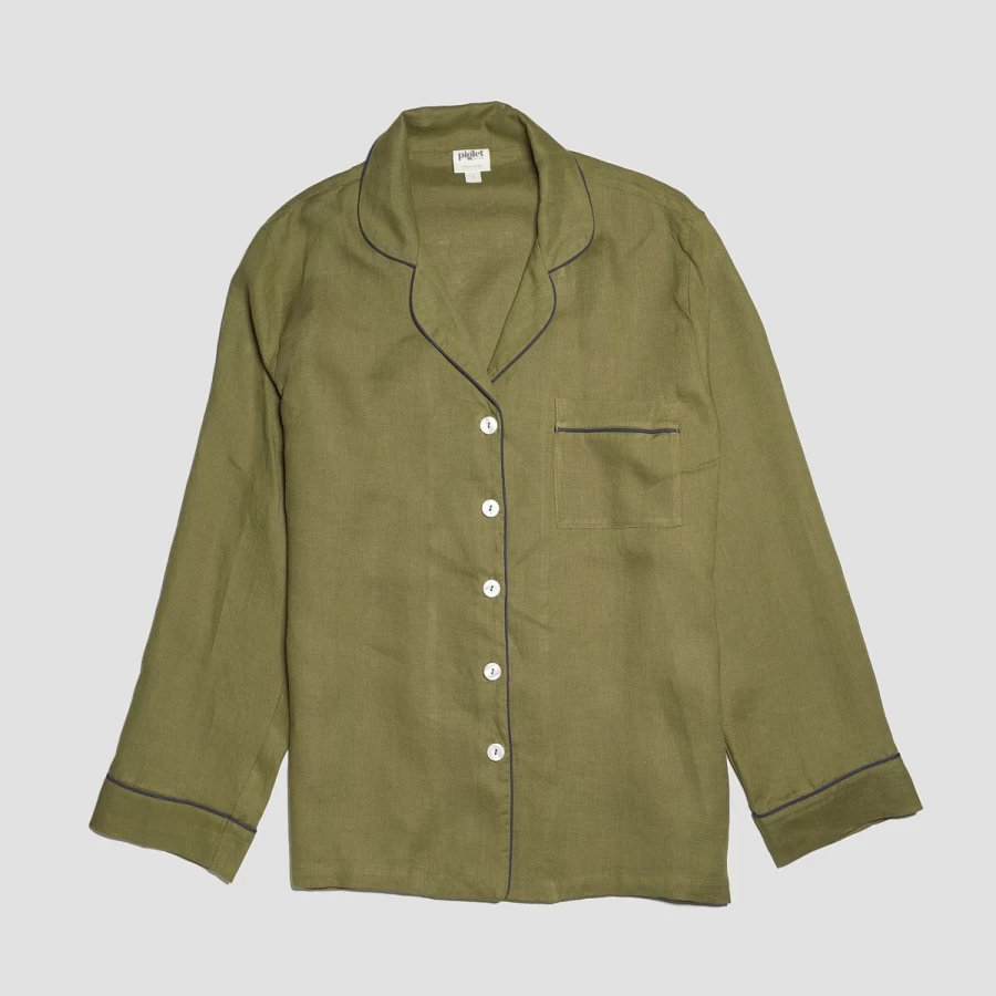 Piglet in Bed Women's Moss Green Linen Pyjama Shirt - Relaxed Fit Sleepwear