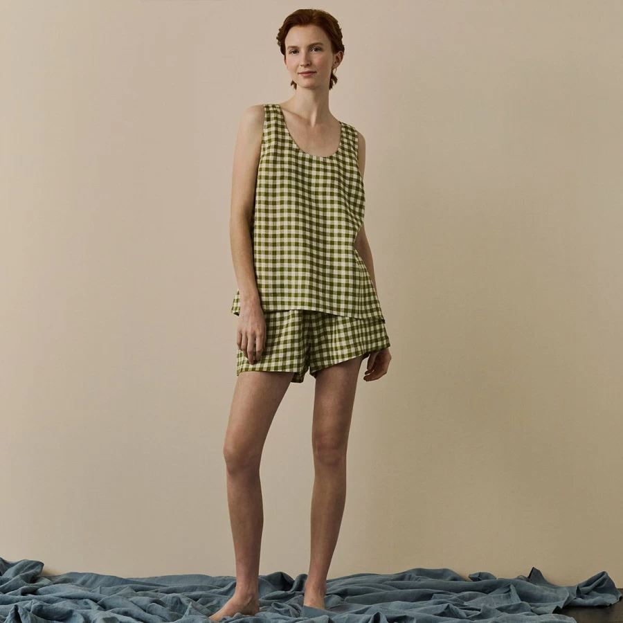 Piglet in Bed Botanical Green Gingham Linen Cami Top & Shorts Set