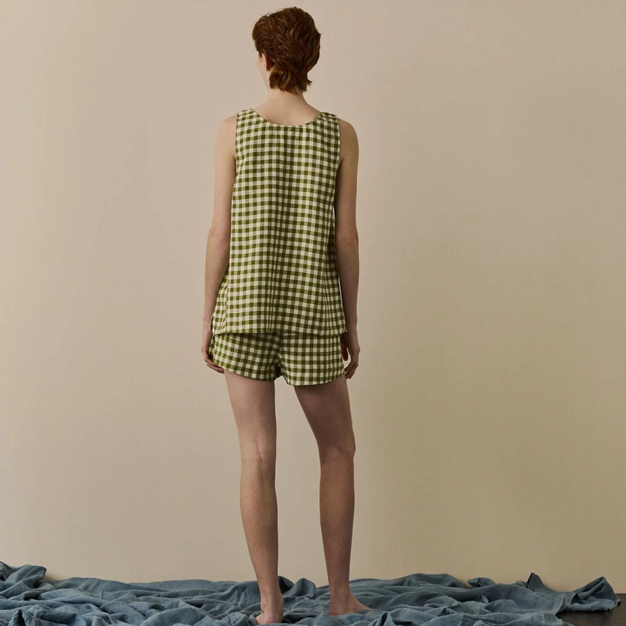 Piglet in Bed Botanical Green Gingham Linen Cami Top & Shorts Set
