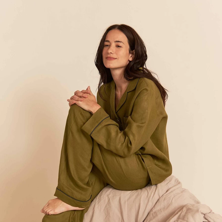Piglet in Bed Moss Green Linen Pyjama Pants for Women – Comfortable Sleepwear Trousers