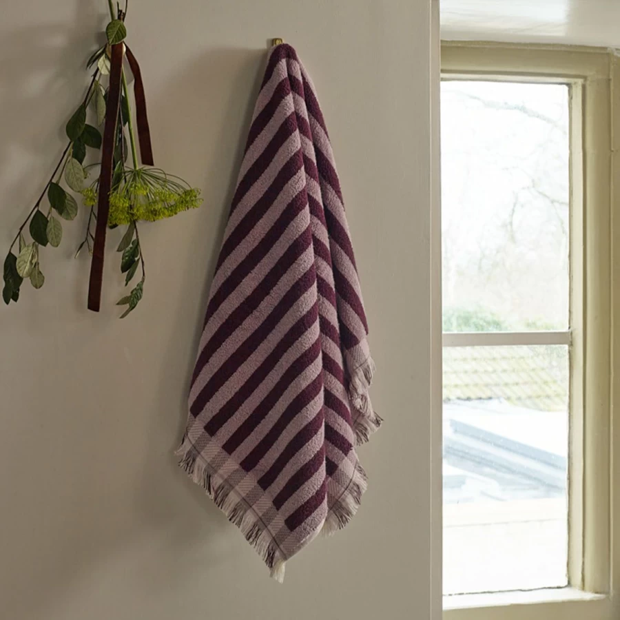 Piglet in Bed Berry Mauve Striped Cotton Bath Towel - Soft Organic Hand Towels for Luxury Spa & Home