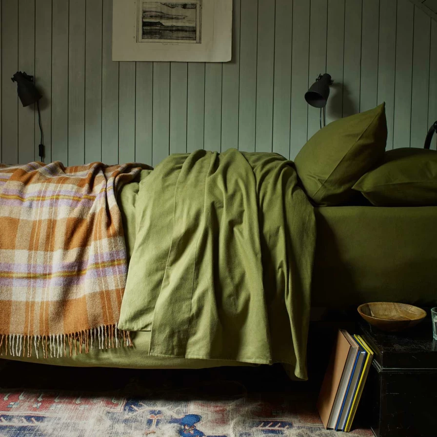 "Piglet in Bed Olive Green Brushed Cotton Flat Sheet – Soft & Sustainable Bedding"
