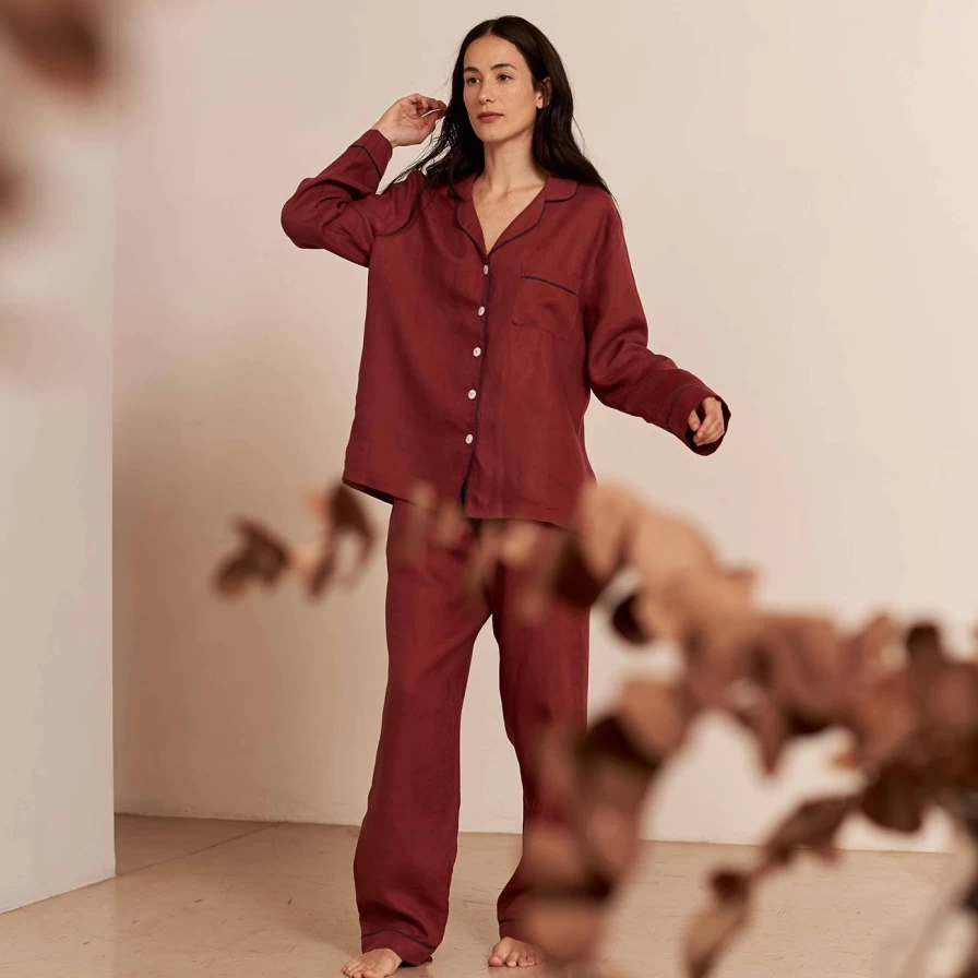 Piglet in Bed Women's Cherry Print Linen Pyjama Set - Comfortable Sleepwear Pants & Top