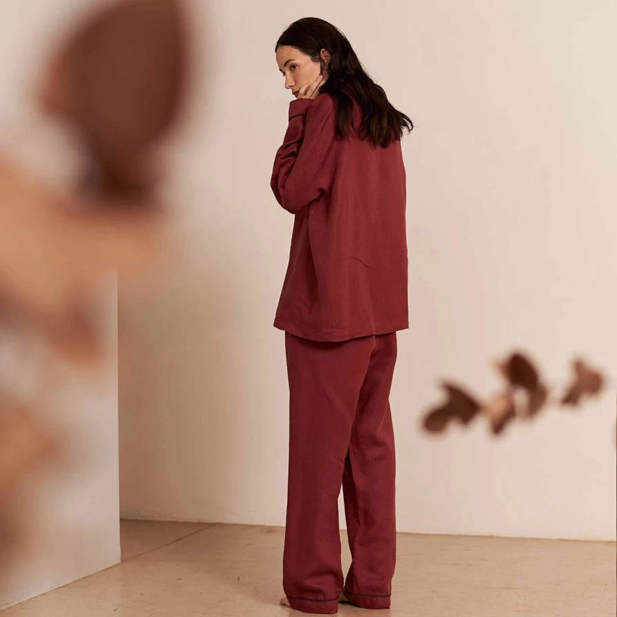Piglet in Bed Women's Cherry Print Linen Pyjama Set - Comfortable Sleepwear Pants & Top