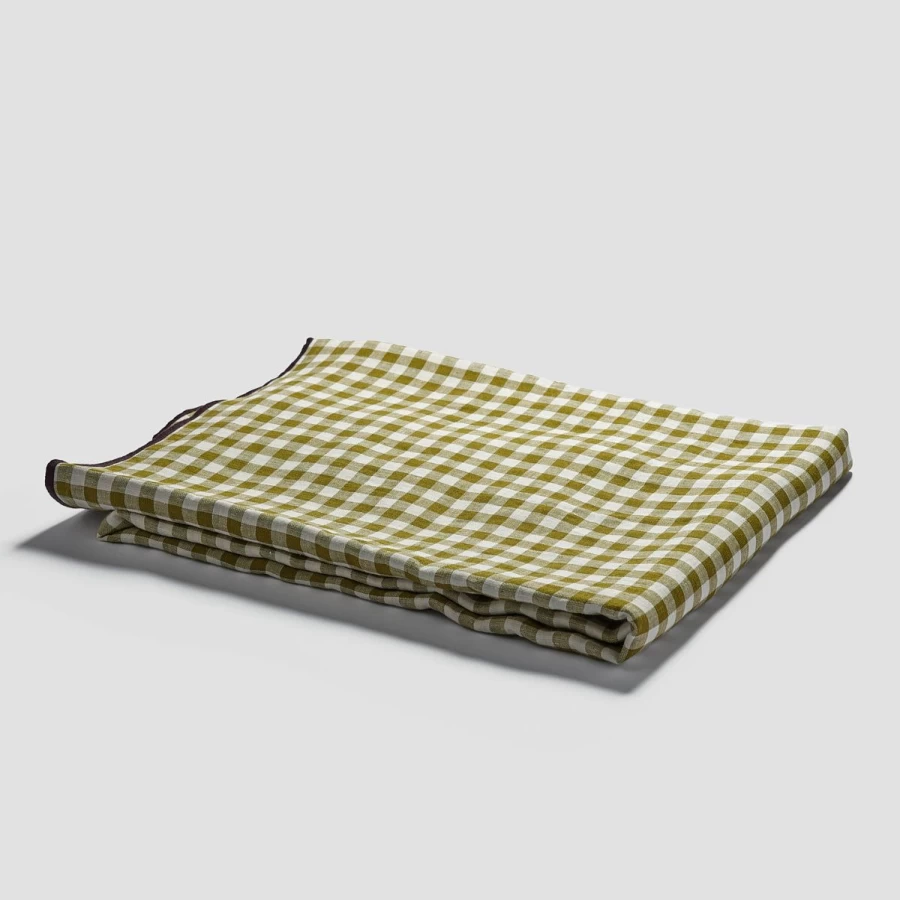 Piglet in Bed Botanical Green Gingham Linen Tablecloth – Natural Organic Cotton Fabric Dining Decor