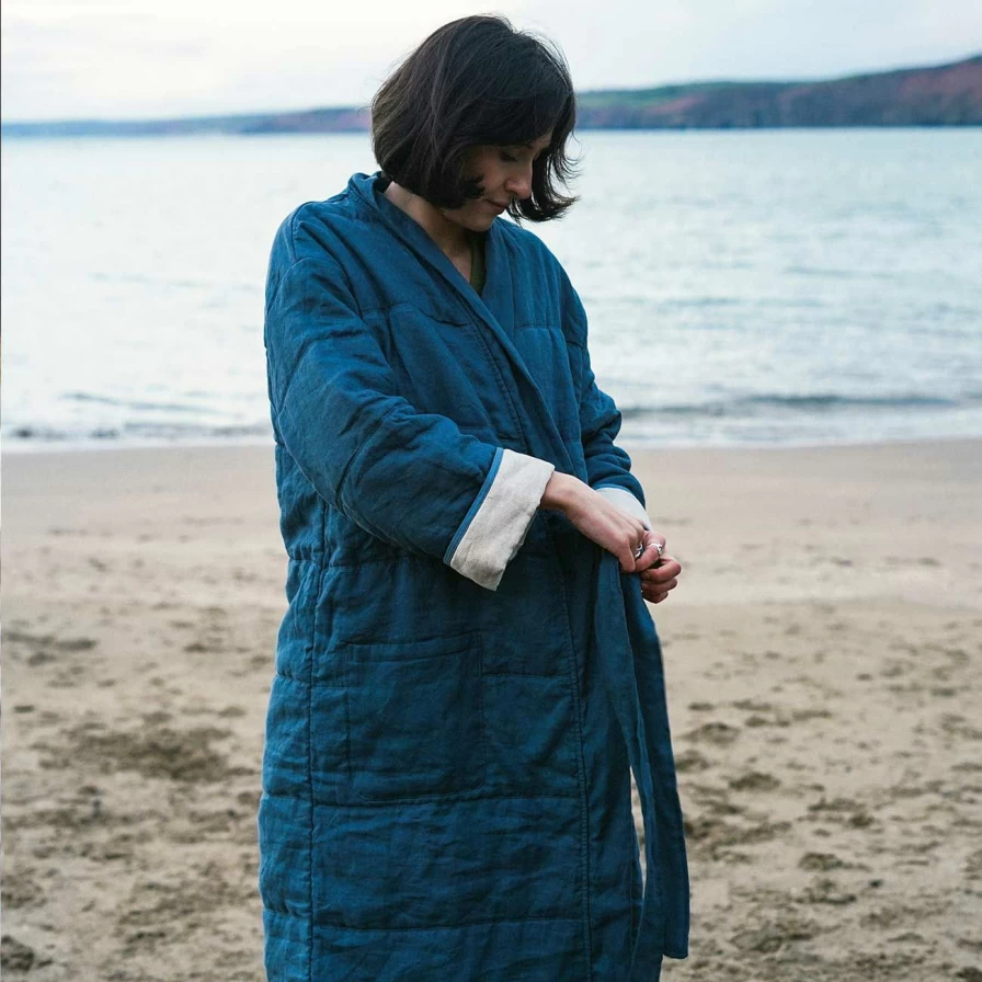 Piglet in Bed Quilted Linen Housecoat in Deep Teal - Cozy Home Loungewear