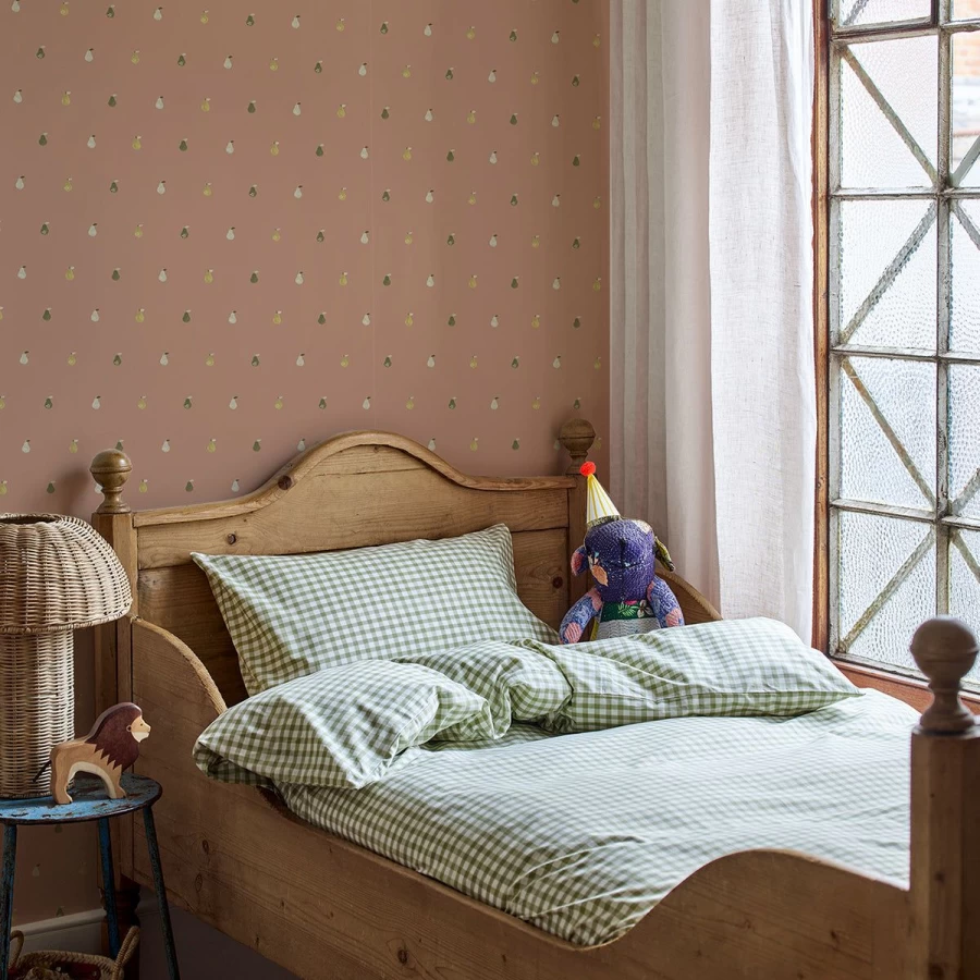 "Piglet in Bed Cork Pears Wallpaper – Natural Cork Peel and Stick Wallpaper with Pear Design"
