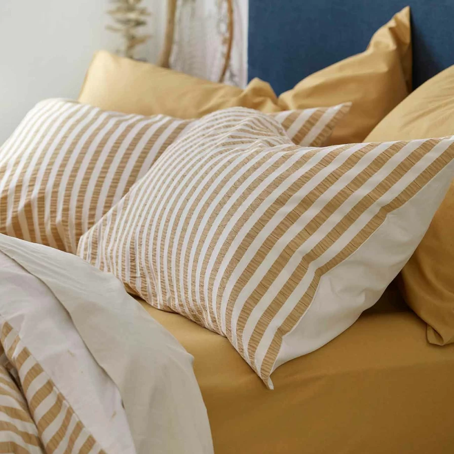 Piglet in Bed Ochre Striped Seersucker Cotton Pillowcase Pair - Organic & Breathable Bedding