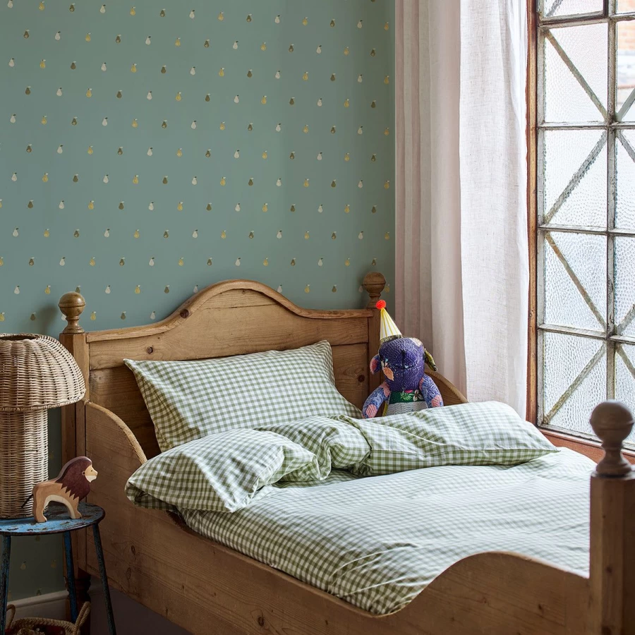 "Piglet in Bed Laurel Green Pears Wallpaper – Botanical Peel and Stick Wallpaper"