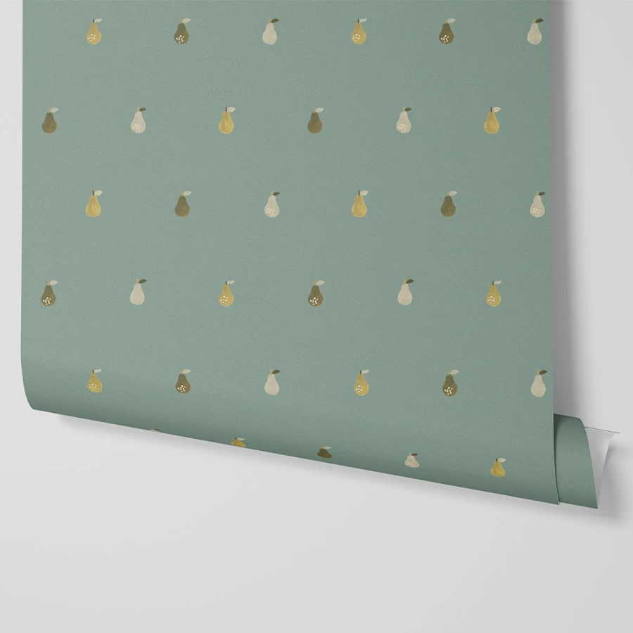 "Piglet in Bed Laurel Green Pears Wallpaper – Botanical Peel and Stick Wallpaper"