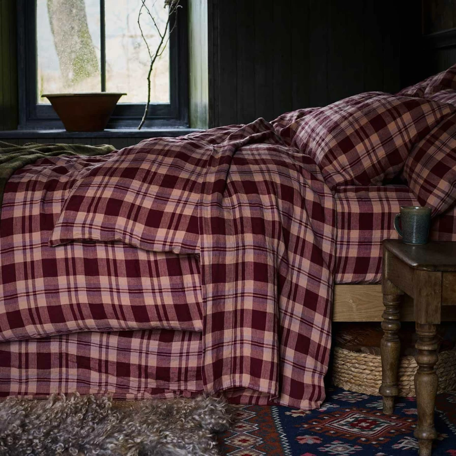 Piglet in Bed 100% Linen Flat Sheet - Berry Check Pattern - Breathable & Soft Bedding