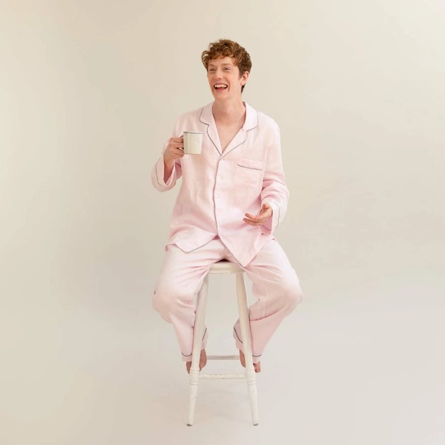 Piglet in Bed Men's Blush Pink Linen Pyjama Set - Soft Relaxing Sleepwear Pants