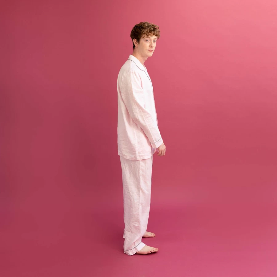 Piglet in Bed Men's Blush Pink Linen Pyjama Set - Soft Relaxing Sleepwear Pants