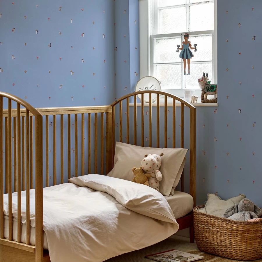 "Piglet in Bed Meadow Blue Mushrooms Wallpaper – Botanical Floral Peel and Stick Wallpaper"
