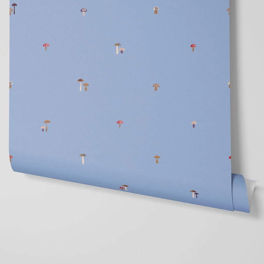 "Piglet in Bed Meadow Blue Mushrooms Wallpaper – Botanical Floral Peel and Stick Wallpaper"