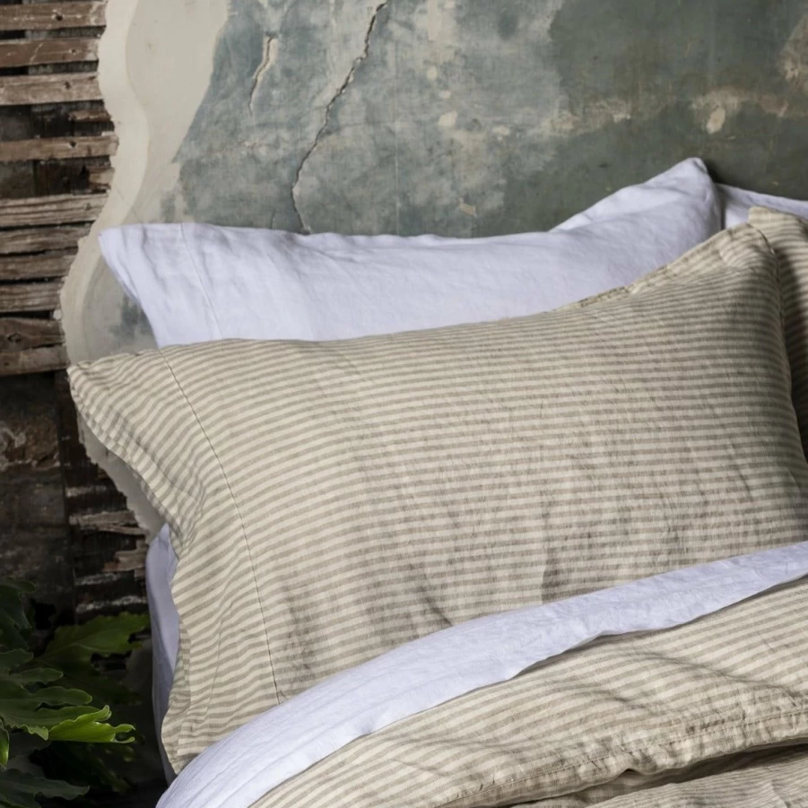 Piglet in Bed 100% Linen Pillowcase Set - Striped Oatmeal Organic Cotton Blend (Pair)