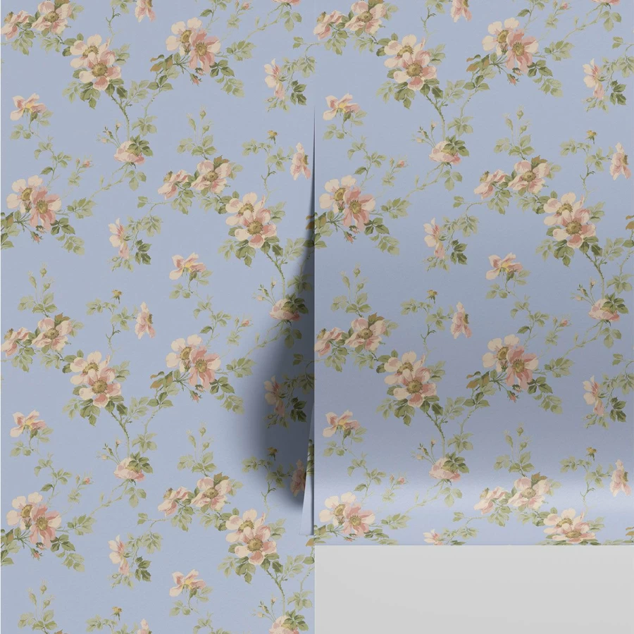 "Piglet in Bed Heather Blue Field Rose Wallpaper – Floral Botanical Peel and Stick Wall Mural"