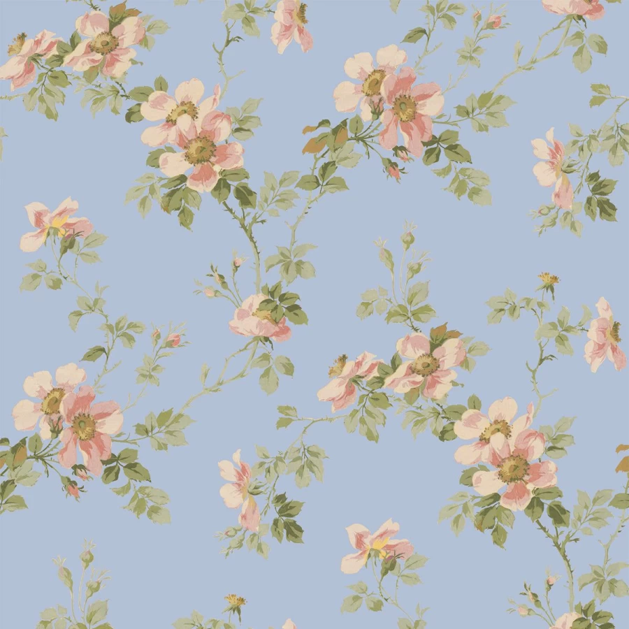 "Piglet in Bed Heather Blue Field Rose Wallpaper – Floral Botanical Peel and Stick Wall Mural"