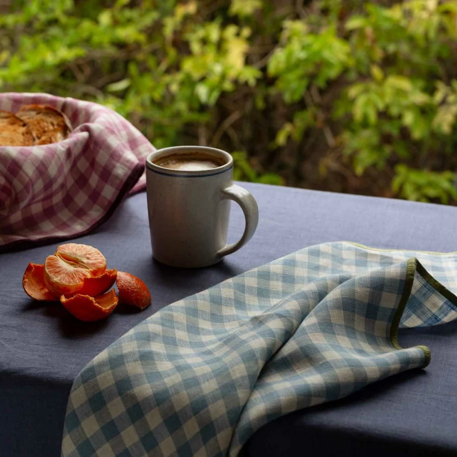 Piglet in Bed Blue Gingham Linen Napkins Set of 4 - Reusable Eco-Friendly Dinner Napkins for Table Decor