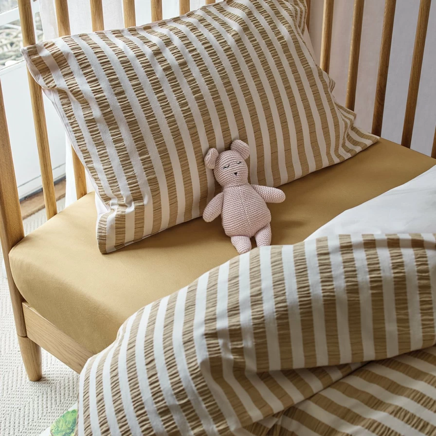 Piglet in Bed Ochre Stripe Seersucker Cotton Kids Bedding Set | Soft & Breathable