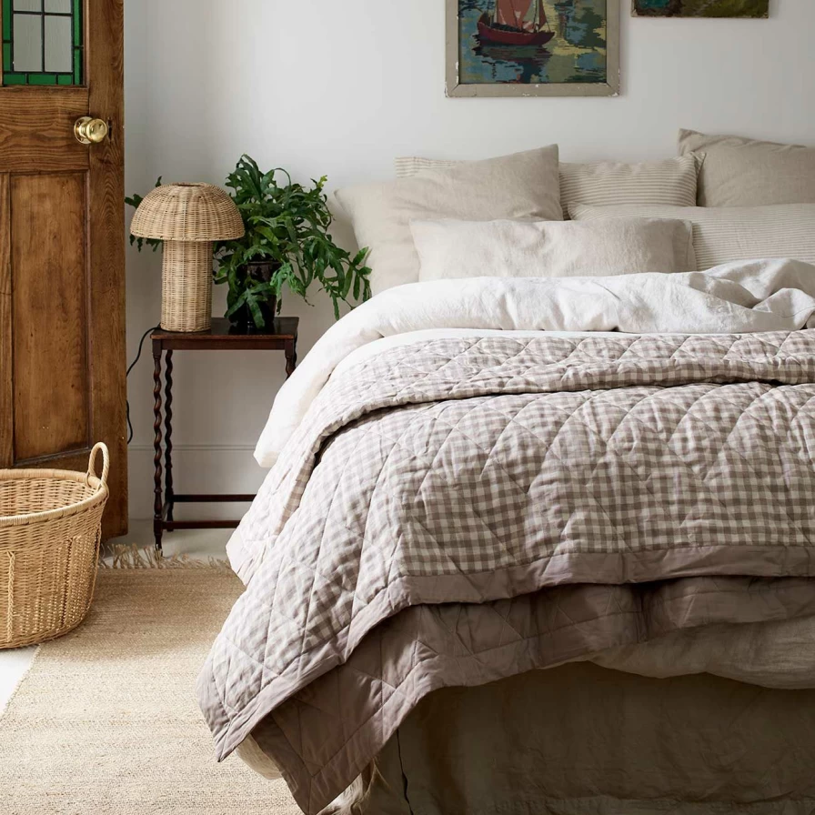 Piglet in Bed Mushroom Gingham Linen Quilt - Organic Cotton Bedspread, Reversible Checkered Duvet Cover, Lightweight Summer Blanket