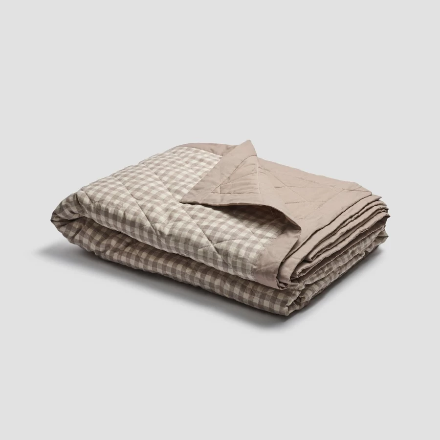 Piglet in Bed Mushroom Gingham Linen Quilt - Organic Cotton Bedspread, Reversible Checkered Duvet Cover, Lightweight Summer Blanket