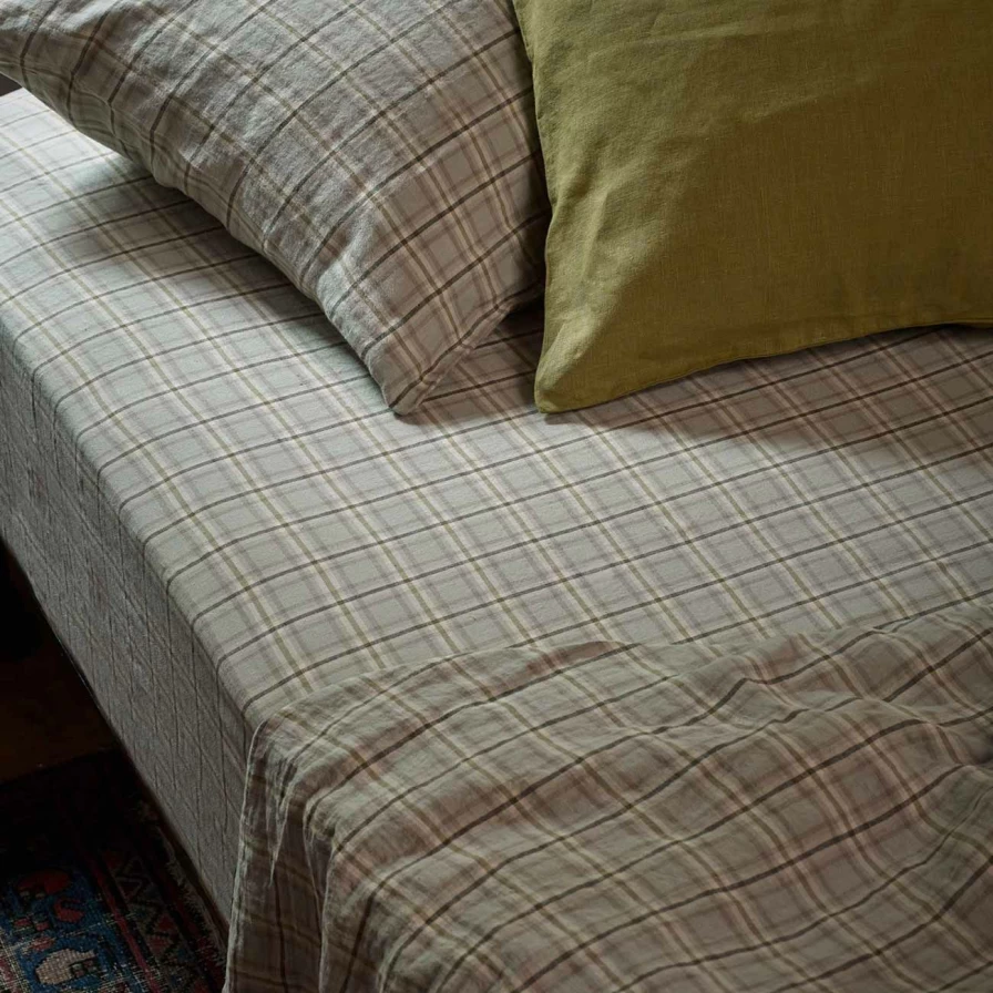 Piglet in Bed Laurel Green Check 100% Linen Fitted Sheet - Twin/Queen/King Size
