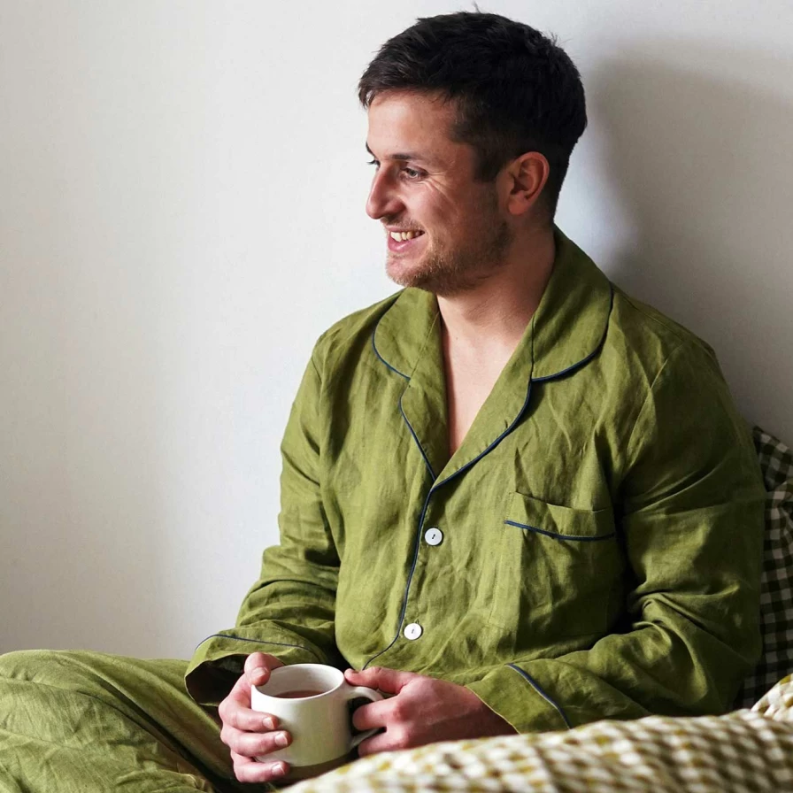 Piglet in Bed Men's Moss Green Linen Pyjama Set - Relaxed Fit Sleepwear Pants
