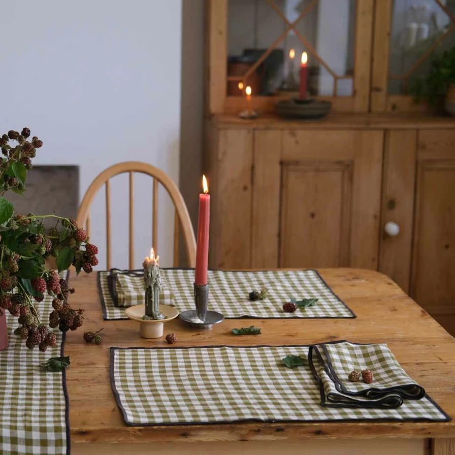 Piglet in Bed Botanical Green Gingham Linen Placemats - Set of 4 Reversible Table Mats for Farmhouse Dining