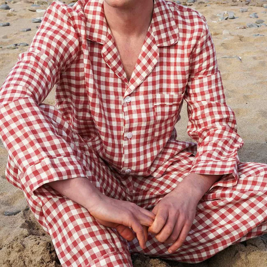 Piglet in Bed Men's Mineral Red Gingham Cotton Pyjama Set - Relaxing Sleepwear Pants & Top