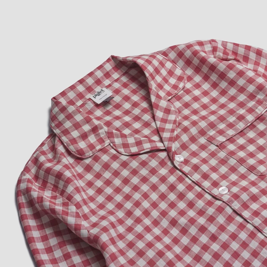 Piglet in Bed Men's Mineral Red Gingham Cotton Pyjama Set - Relaxing Sleepwear Pants & Top