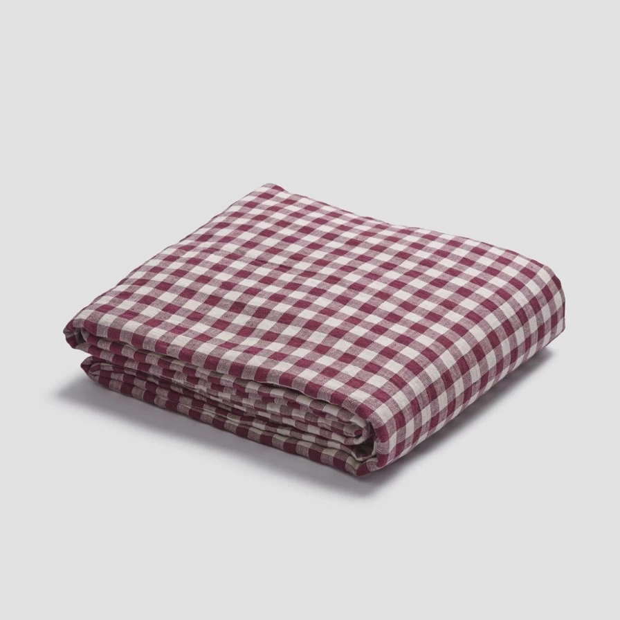 Piglet in Bed Berry Gingham Linen Flat Sheet – 100% Organic French Flax – Queen Size