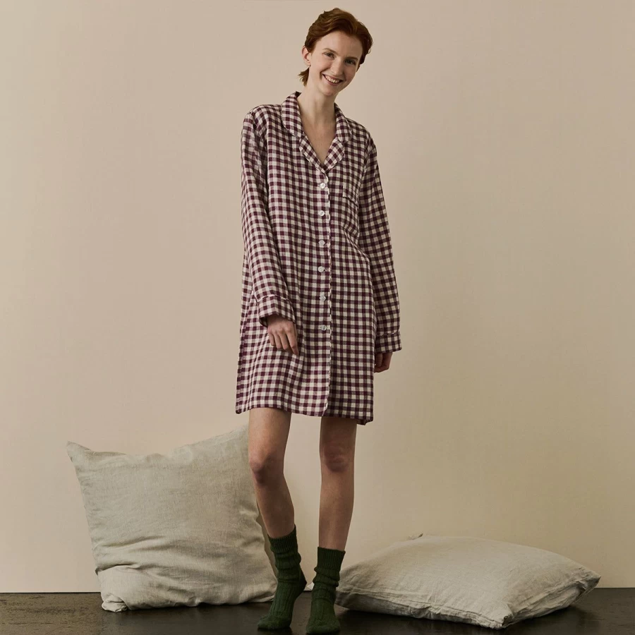 Piglet in Bed Berry Gingham Linen Nightshirt - Soft & Breathable Sleepwear for Women