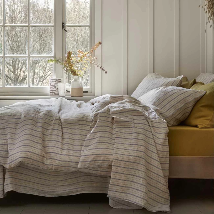 Piglet in Bed Dusk Blue Striped Linen Flat Sheet - Soft & Breathable Bedding