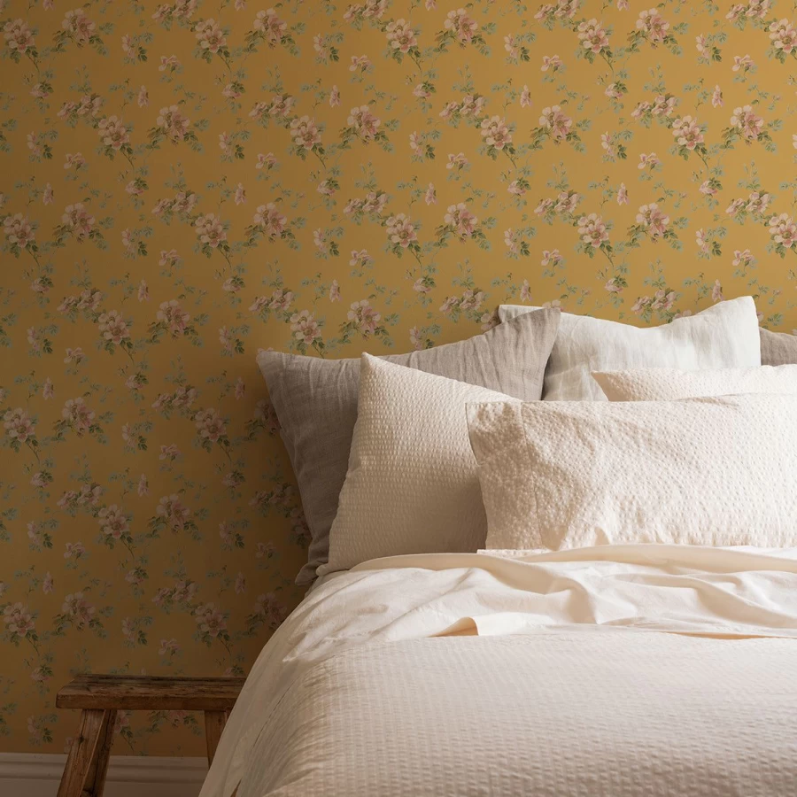 "Piglet in Bed Butterscotch Field Rose Floral Wallpaper – Peel and Stick Removable Wallpaper"