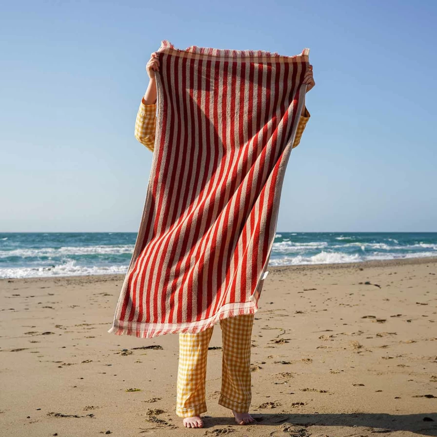 Piglet in Bed Red Sandstone Striped 100% Cotton Bath Towel - Soft & Absorbent