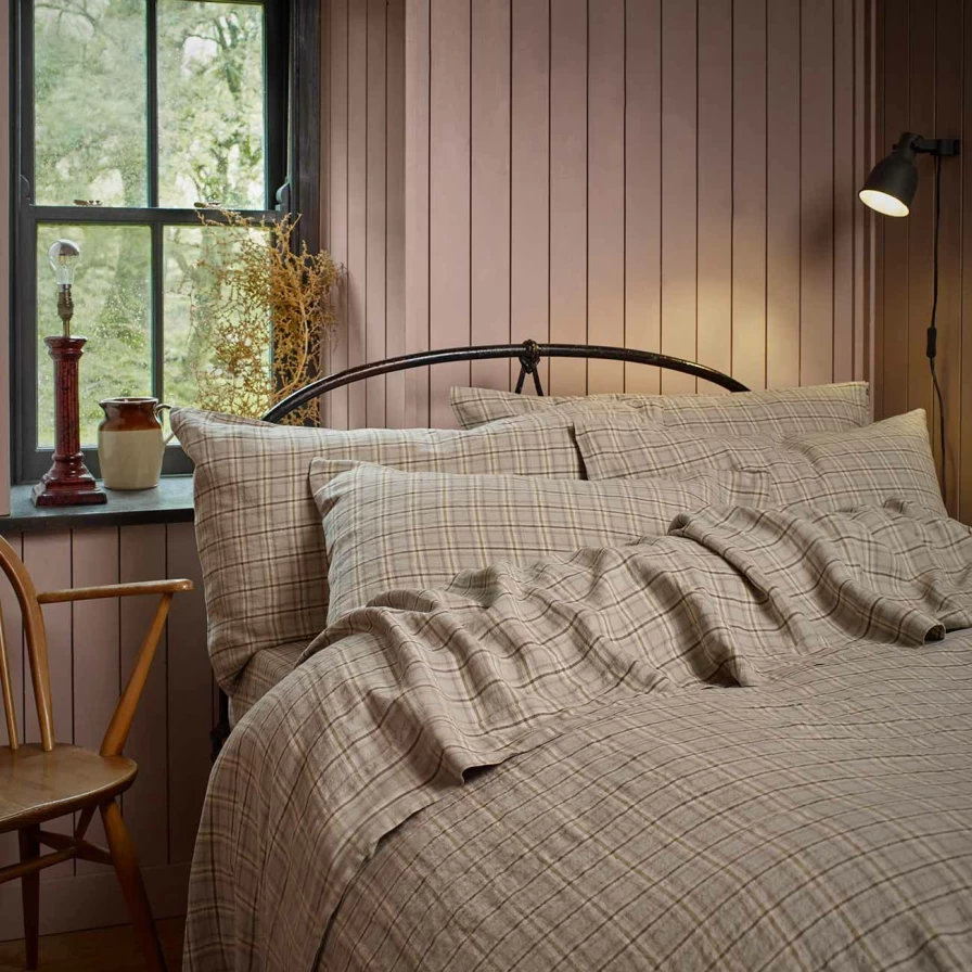 Piglet in Bed Laurel Green Check Linen Duvet Cover Set - 100% Organic Washed Linen