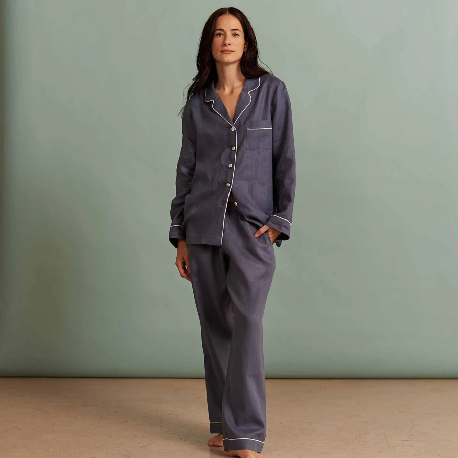 Piglet in Bed Women's Blueberry Linen Pyjama Pants Set - Soft & Breathable Sleepwear