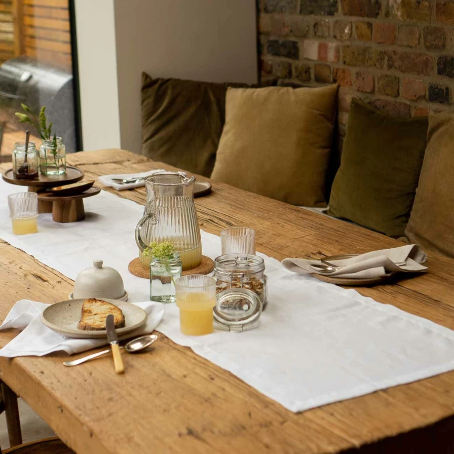 "Piglet in Bed White Linen Table Runner – Natural Elegant Dining Table Decor"
