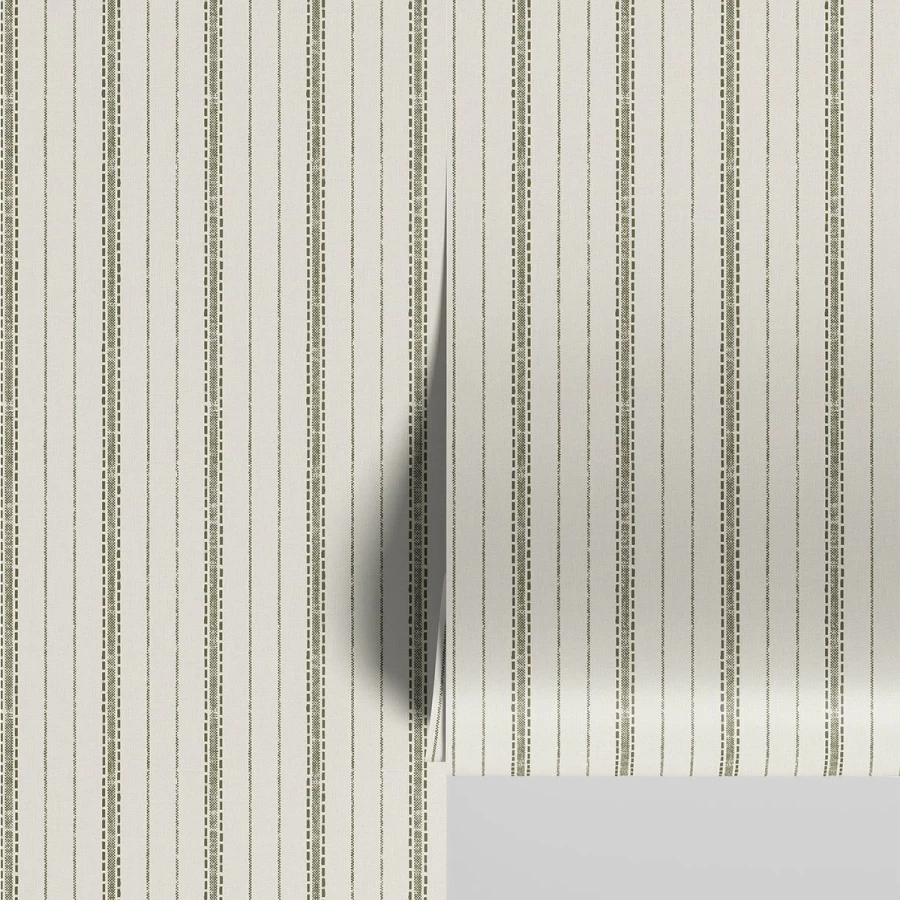 Piglet in Bed Botanical Green Ticking Stripe Wallpaper – Natural Textured Peel and Stick Wallpaper for Home Decor