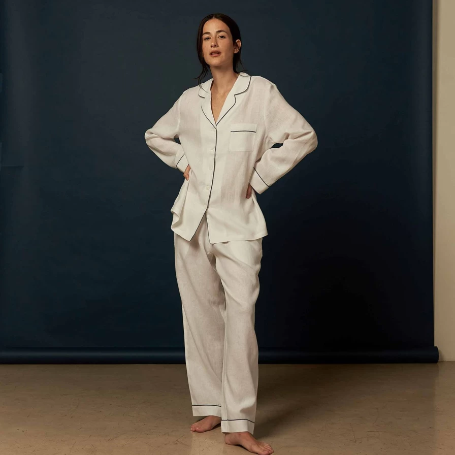 Piglet in Bed Women's White Linen Pyjama Set - Comfortable Sleepwear Pants & Top