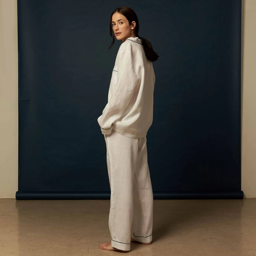 Piglet in Bed Women's White Linen Pyjama Set - Comfortable Sleepwear Pants & Top